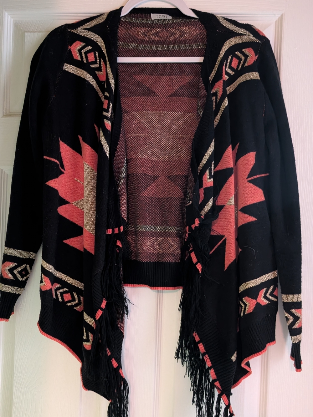 Tobi Black and Coral Open-Front Fringe Cardigan with Aztec Pattern